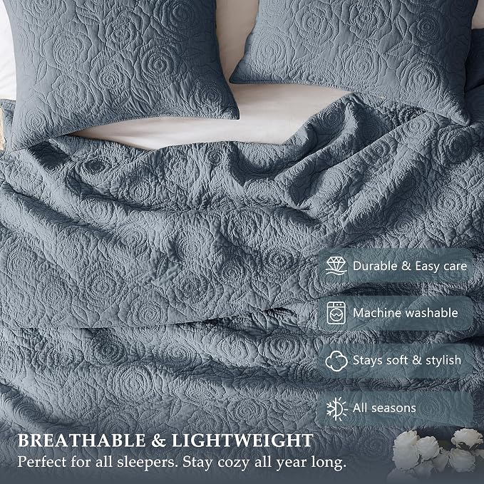 WDCOZY 100% Cotton Queen Size Quilt Bedding Sets Floral Rosette Dusty Blue | Pre-Washed Thin Farmhouse Bedspread, 90"x96" Comforter + 2 Shams 20"x26", Lightweight Coverlet, All-Season, Machine Washable