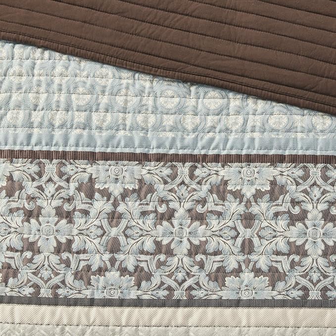Madison Park Quilt Set Luxurious Jacquard Stripes Design - All Season, Coverlet Bedspread Lightweight Bedding Layer, Shams, Decorative Pillow, Full/Queen(90"x90"), Floral Blue 5 Piece | All Season, Luxurious Coverlet Bedspread Lightweight Bedding Layer...