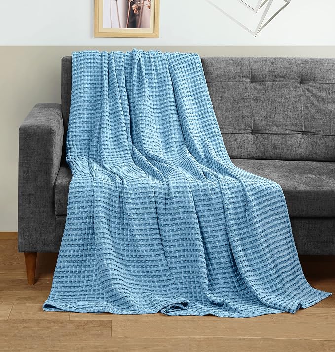 Utopia Bedding 100% Cotton Waffle Blanket Twin Size Sky Blue, 90x72 Inch | Lightweight Breathable Cozy Summer Bed Blanket Home Decor Gift for Women and Men