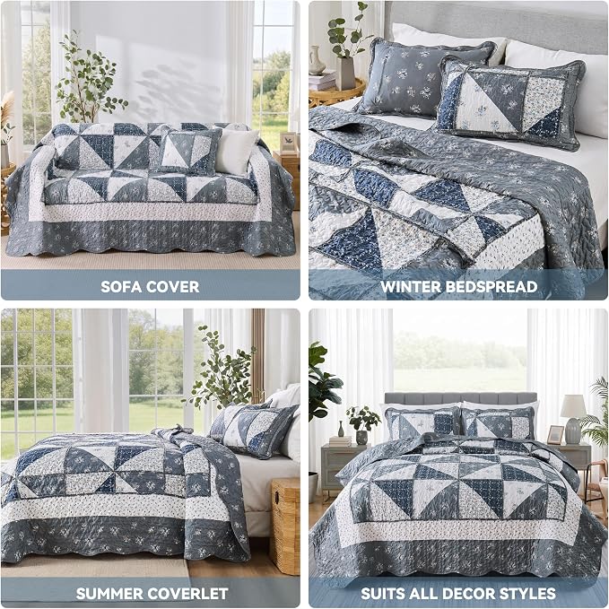 King Size Quilt Set Grey Floral Patchwork Quilted Bedspread Coverlet Set | VIVILINEN 3-Piece Floral Reversible Stitched Quilt Bedding Set Lightweight Comforter Bed Cover Blanket with 2 Pillow Shams