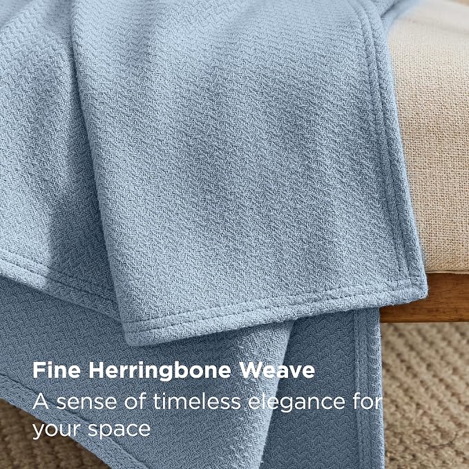 Bedsure GentleSoft 100% Cotton Blanket King Size for Bed - Breathable and Lightweight, Soft Cozy Textured Herringbone Woven Blanket for Summer, Light Blue, 108x90 inches
