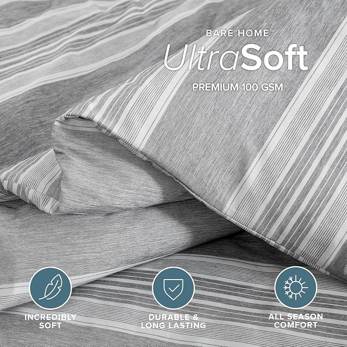 Bare Home Duvet Cover Set (King, Stripe - Heathered Charcoal) | 1800 Ultra-Soft, Lightweight, Cooling, Breathable, Premium, All-Season
