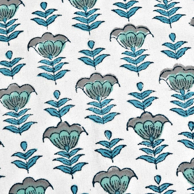 Ridhi Block Print Aquamarine Blue Ruffle Lumbar Pillow Shams, 36" x 14" | 100% cotton, Floral Pillowcase, Cushion Cover, Hidden Zipper, Cottagecore Bedding, farmhouse boho style, fits couch, sofa,Bed