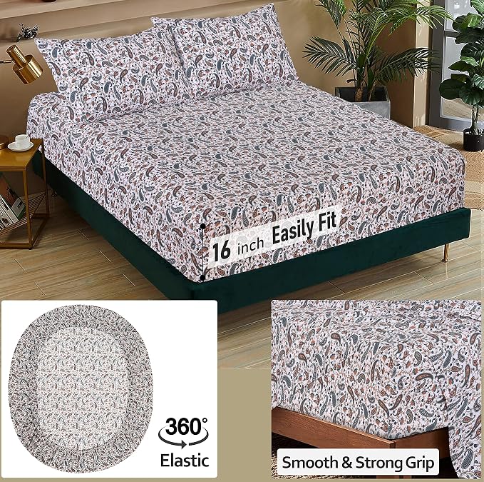 RUVANTI 100% Cotton Percale Sheets, Full Size, Teal Paisley | Crisp Cooling, Deep Pocket 16", Soft Breathable & Durable, Hotel-Style, 4 Piece Set