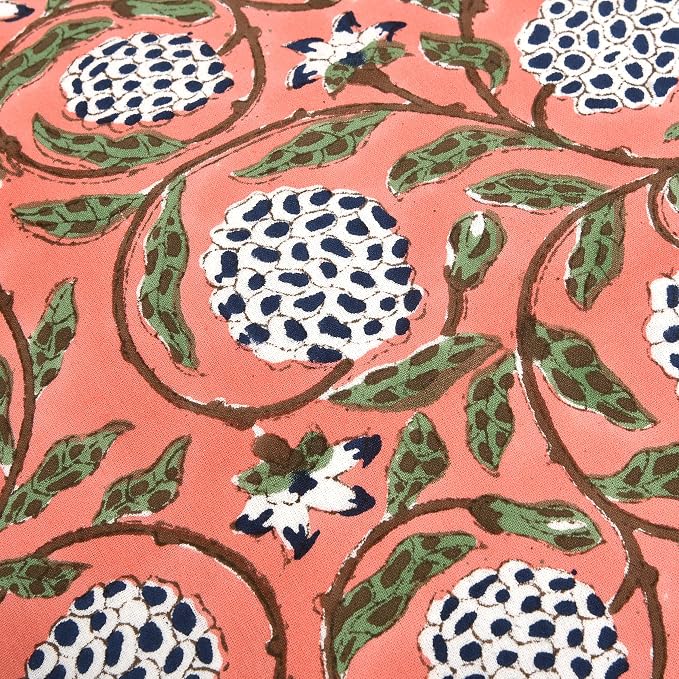 Ridhi Block Print Dark Salmon Pink Ruffle Lumbar Pillow Shams, 54" x 20" | 100% cotton, Floral Pillowcase, Cushion Cover, Hidden Zipper, Cottagecore Bedding, farmhouse boho style, fits couch, sofa,Bed