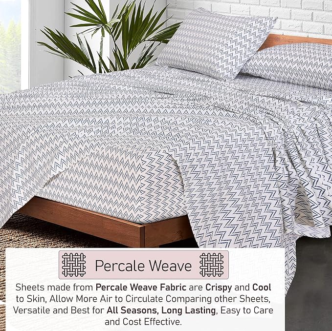 RUVANTI 100% Cotton Percale Sheets Queen Size, Chevron | Crisp Cooling, Deep Pocket 16", Soft Breathable & Durable, Hotel-Style, 4 Piece Set