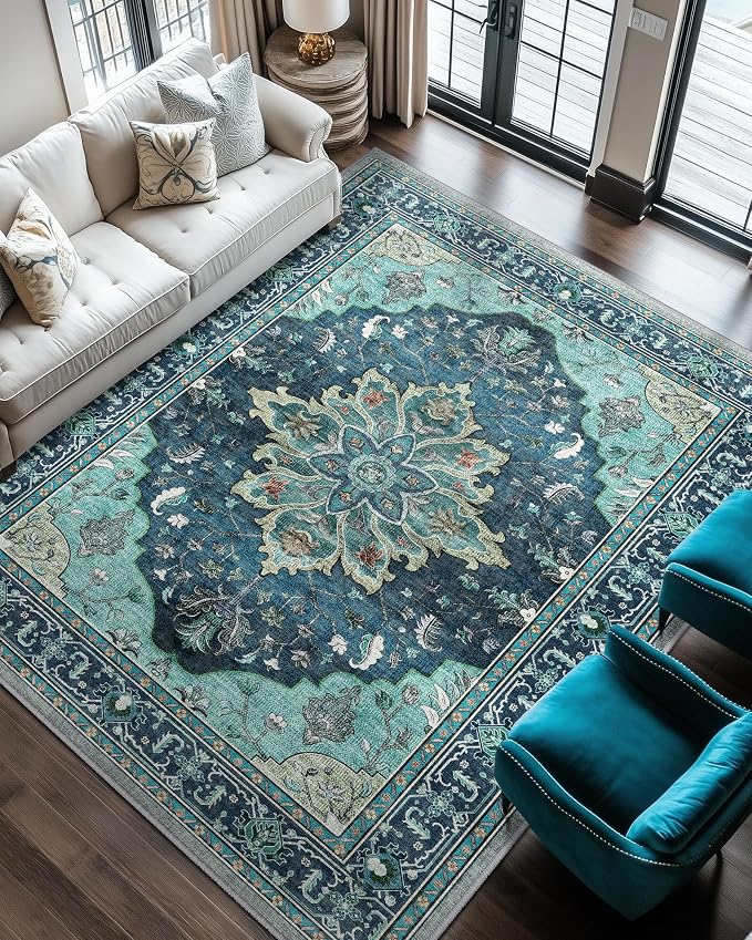 RELEANY Washable Area Rug, 6'x8', Teal | Non-Slip, Water Repellent, Pet Friendly, Easy to Clean, Vintage Floral Boho Decor for Living Room Bedroom Dining Room Office