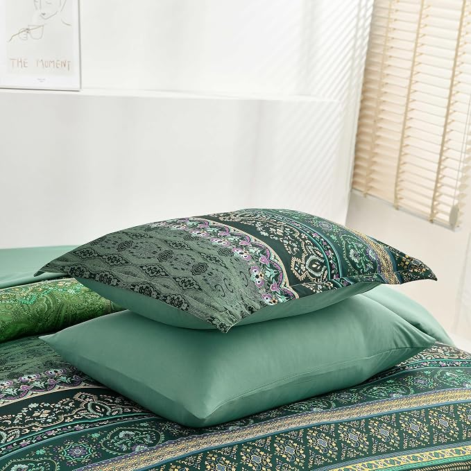 Boho Green Comforter Set King Size,8 Piece Bed in a Bag Bohemian Striped Bedding Quilt Set,Dark Green Paisley Floral Comforter and Sheet Set,Soft Microfiber Complete Bedding Sets for All Season