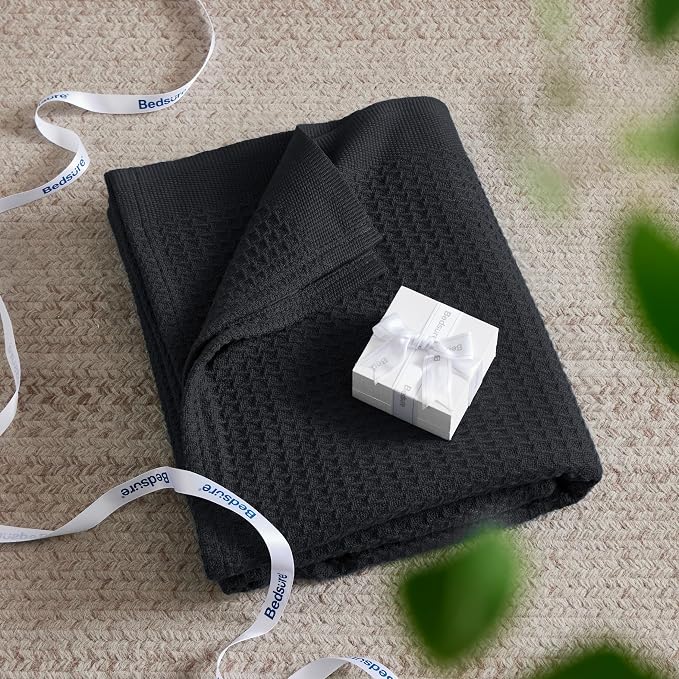 Bedsure 100% Cotton Blanket, Waffle Weave, Full Size, Black, 80"x90" | Breathable, Soft, Cozy, Cooling, Waffle Texture, Summer Blanket for Bed, Gifts for Women, Machine Washable, All Seasons