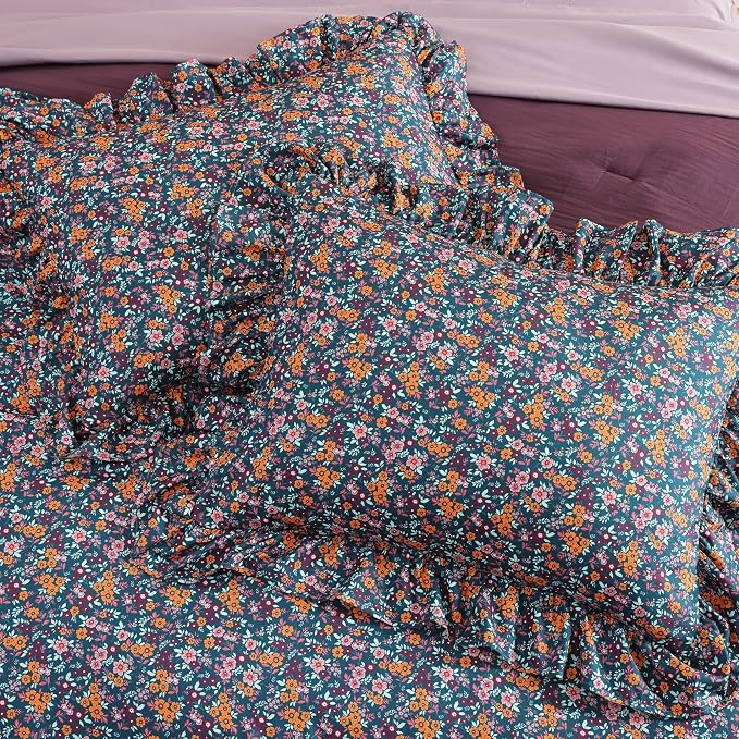 Queen Comforter Set-7 Pieces Floral Ruffle Bedding Set | Purple Ditzy Bed in a Bag, Soft Lightweight All Season Farmhouse Queen Bedding Sets with Sheets, Pillowcases & Shams