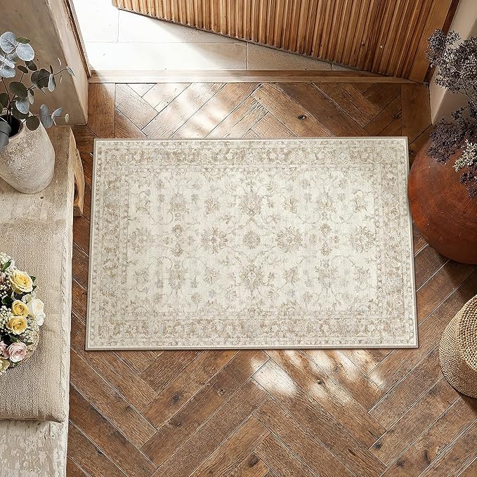 2x3 Beige Neutral Floral Entryway Area Rug | Washable, Soft, Non Slip, Low Pile, Distressed, Small Door Mat for Entrance Bathroom Bedroom Indoor Home Decor