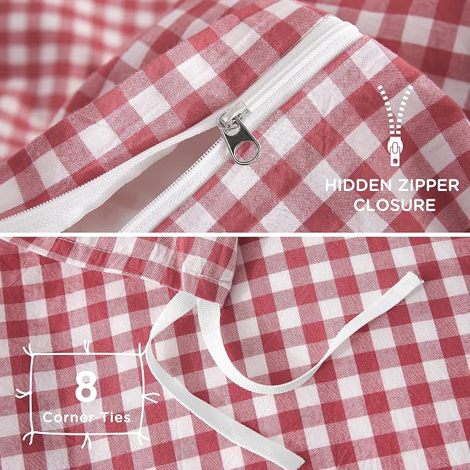 TOCOMOA Red Gingham Duvet Cover Set 100% Washed Cotton Like Linen, Queen | Linen-Like Feel Soft, Breathable & Comfy for All Season. Lightweight Bedding Set with Zipper & 8 Ties. 3 Pcs, No Insert