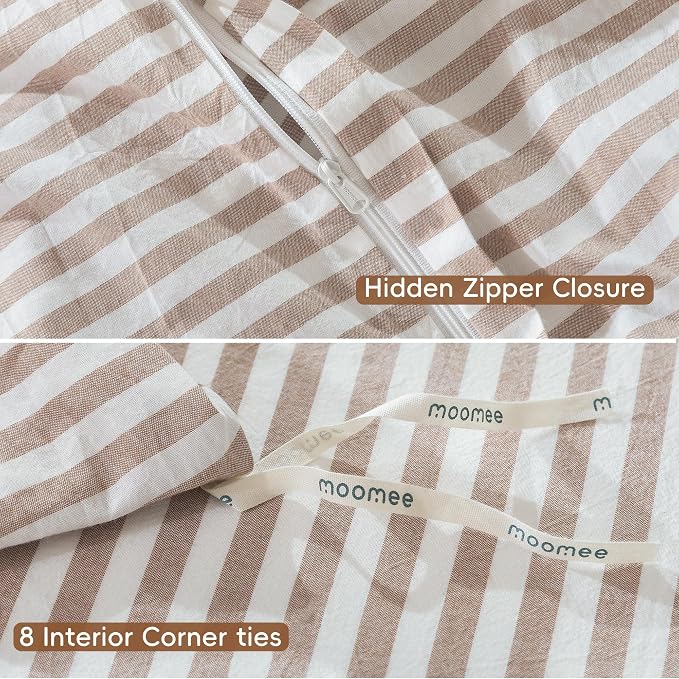 MooMee Striped Duvet Cover Set 100% Washed Cotton Linen Like Super Queen | Relaxed Linen-like Texture. Soft, Breathable & Long-lasting Comfort. Lightweight. Hidden Zipper with 8 Interior Corner Ties