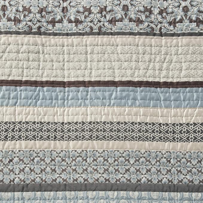 Madison Park Quilt Set Luxurious Jacquard Stripes Design - All Season, Coverlet Bedspread Lightweight Bedding Layer, Shams, Decorative Pillow, Full/Queen(90"x90"), Floral Blue 5 Piece | All Season, Luxurious Coverlet Bedspread Lightweight Bedding Layer...