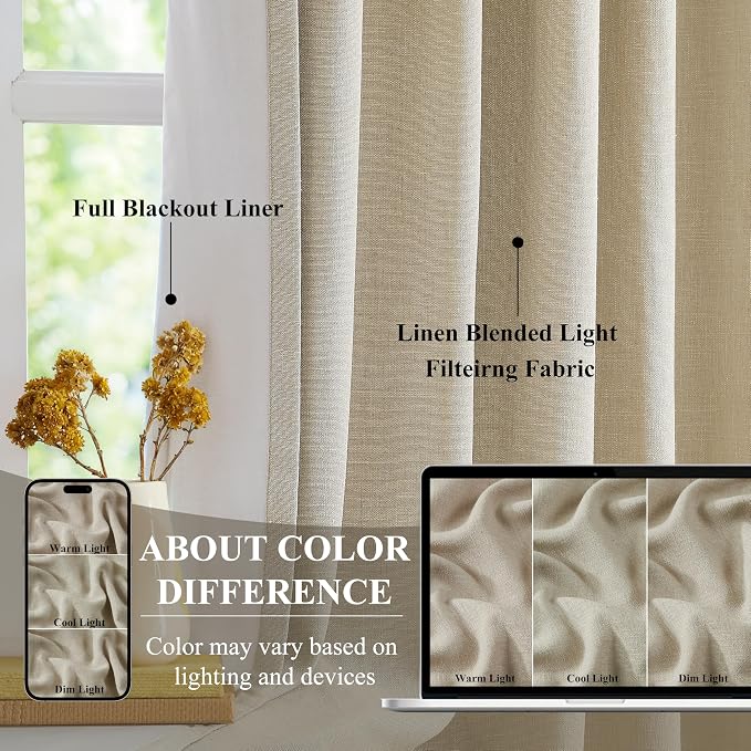 WEST LAKE Extra Long Pinch Pleated Blackout Curtain Panels for Bedroom | Sand Linen Blended Room Darkening Drapes 102 Inches Length,French Pleat Living Room Window Treatment,60"Wx102"Lx1