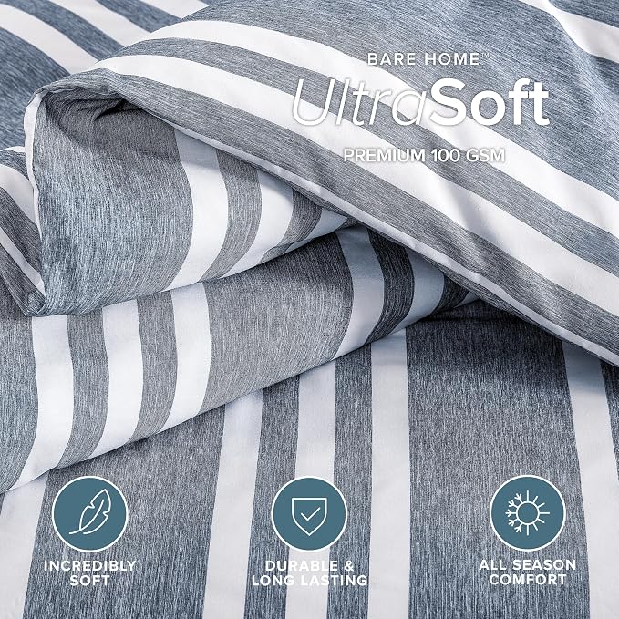 Bare Home Duvet Cover Set (Full, Stripe - Heathered Midnight Blue) | 1800 Ultra-Soft, Lightweight, Cooling, Breathable, Premium, All-Season