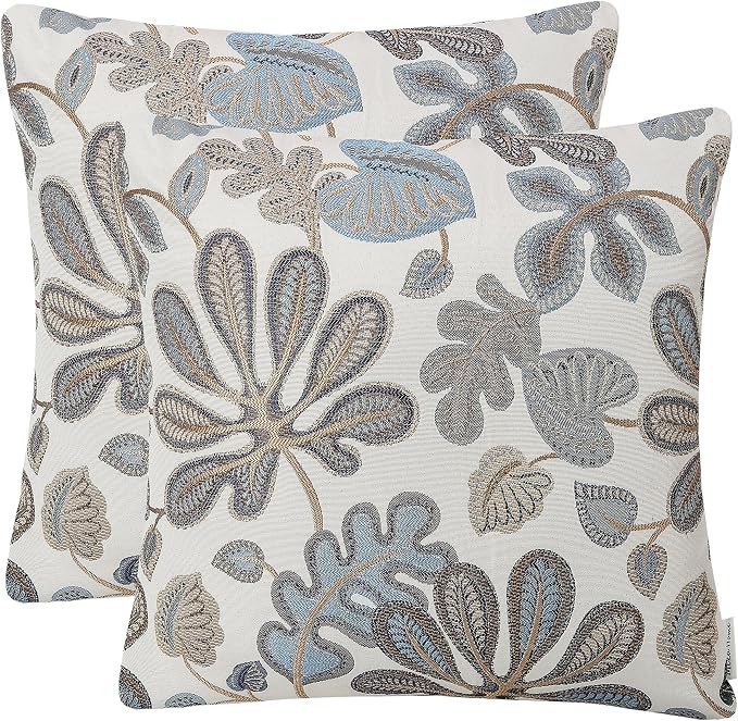 Mika Home Set of 2 Jacquard Tropical Leaf Pattern Throw Pillow Covers Decorative Pillowcase 20x20 Inches, Blue Cream